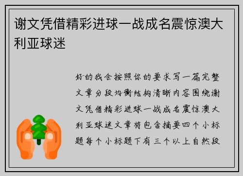 谢文凭借精彩进球一战成名震惊澳大利亚球迷